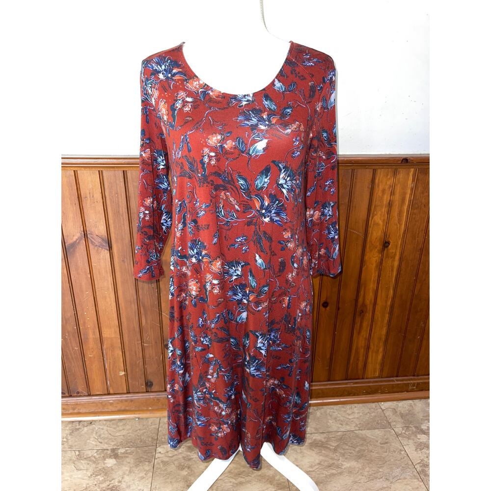 Womens Garnet Hill Maroon Floral Jersey Knit Soft Swing Dress 3/4 Sleeve Size S